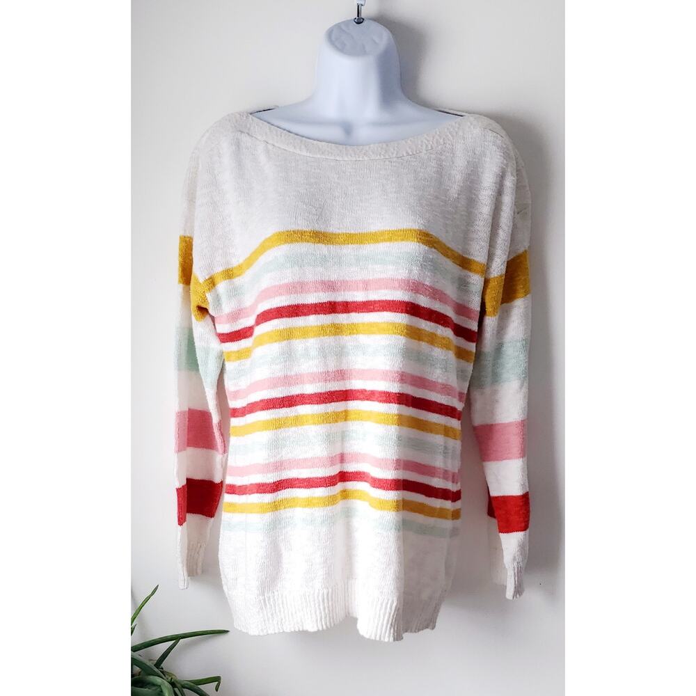 Talbots Womens White Striped Long Sleeve Sweater Size Large Cottagecore Beach